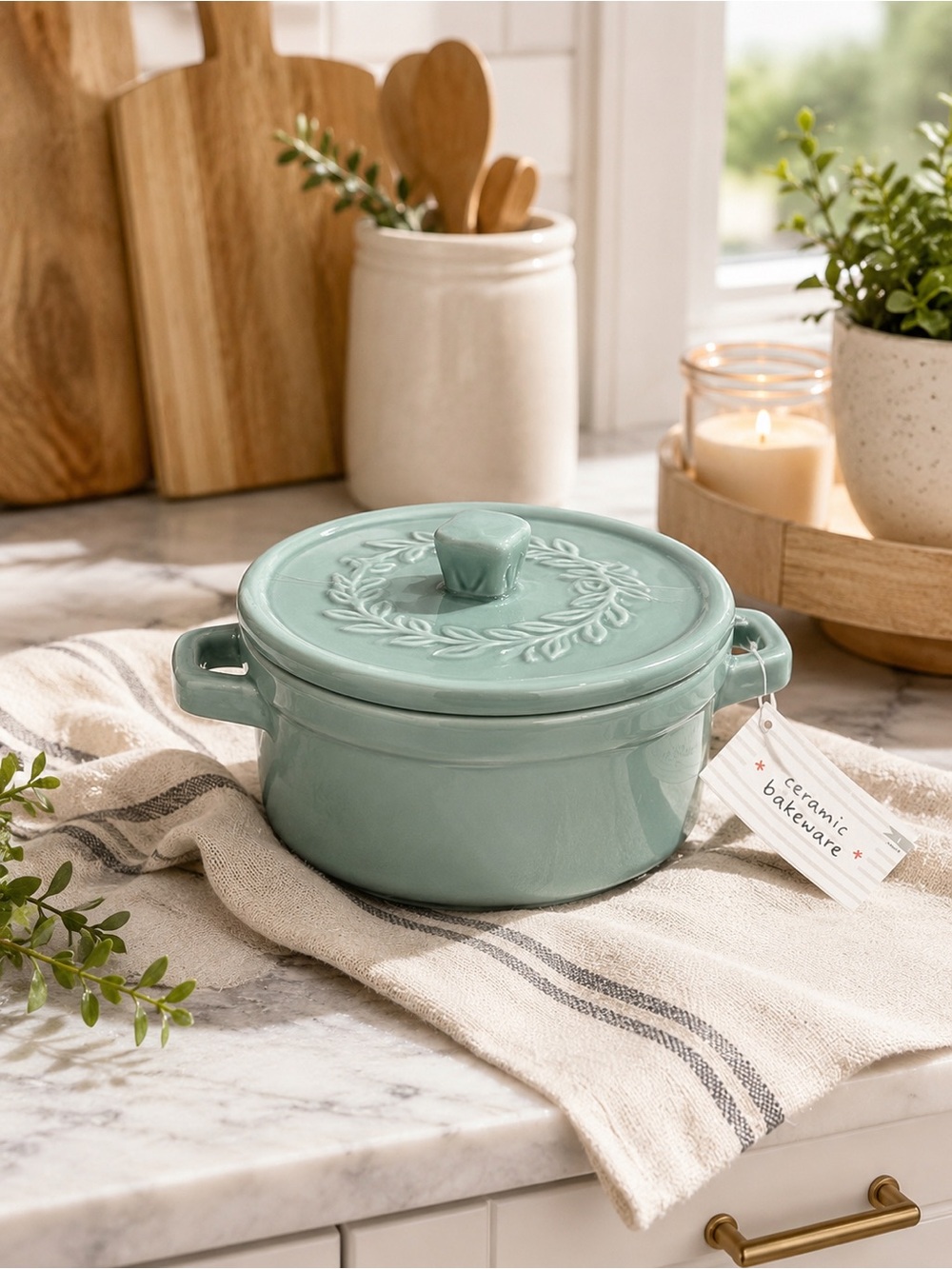 Target Bullseye Sage Green Ceramic Mini Baker w/ Embossed Lid Leaf Wreath